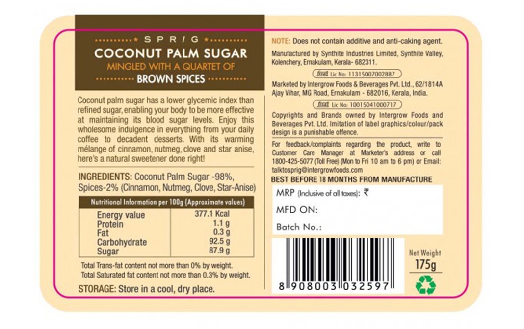 Sprig Coconut Palm Sugar   Glass Jar  175 grams